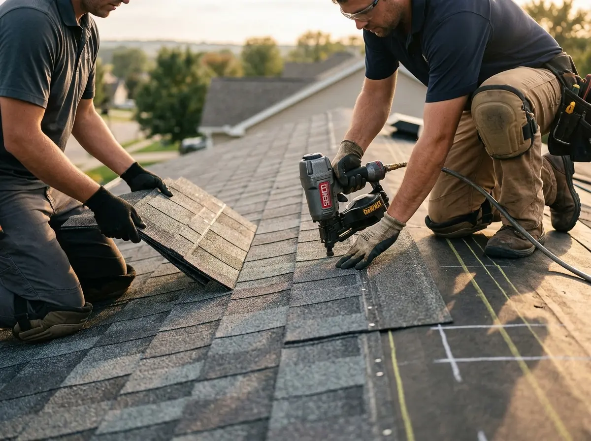 Professional roofer working on a residential roof in Kimball